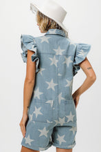 Load image into Gallery viewer, BiBi Ruffled Star Half Zip Denim Romper
