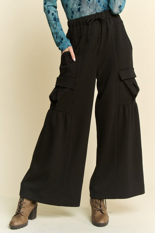 Davi & Dani Drawstring Ruched Detail Wide Leg Pants