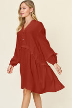 Load image into Gallery viewer, Double Take Full Size Texture Half Button Ruffle Trim Dress

