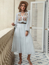 Load image into Gallery viewer, Plus Size Printed Tie Neck Long Sleeve Midi Dress
