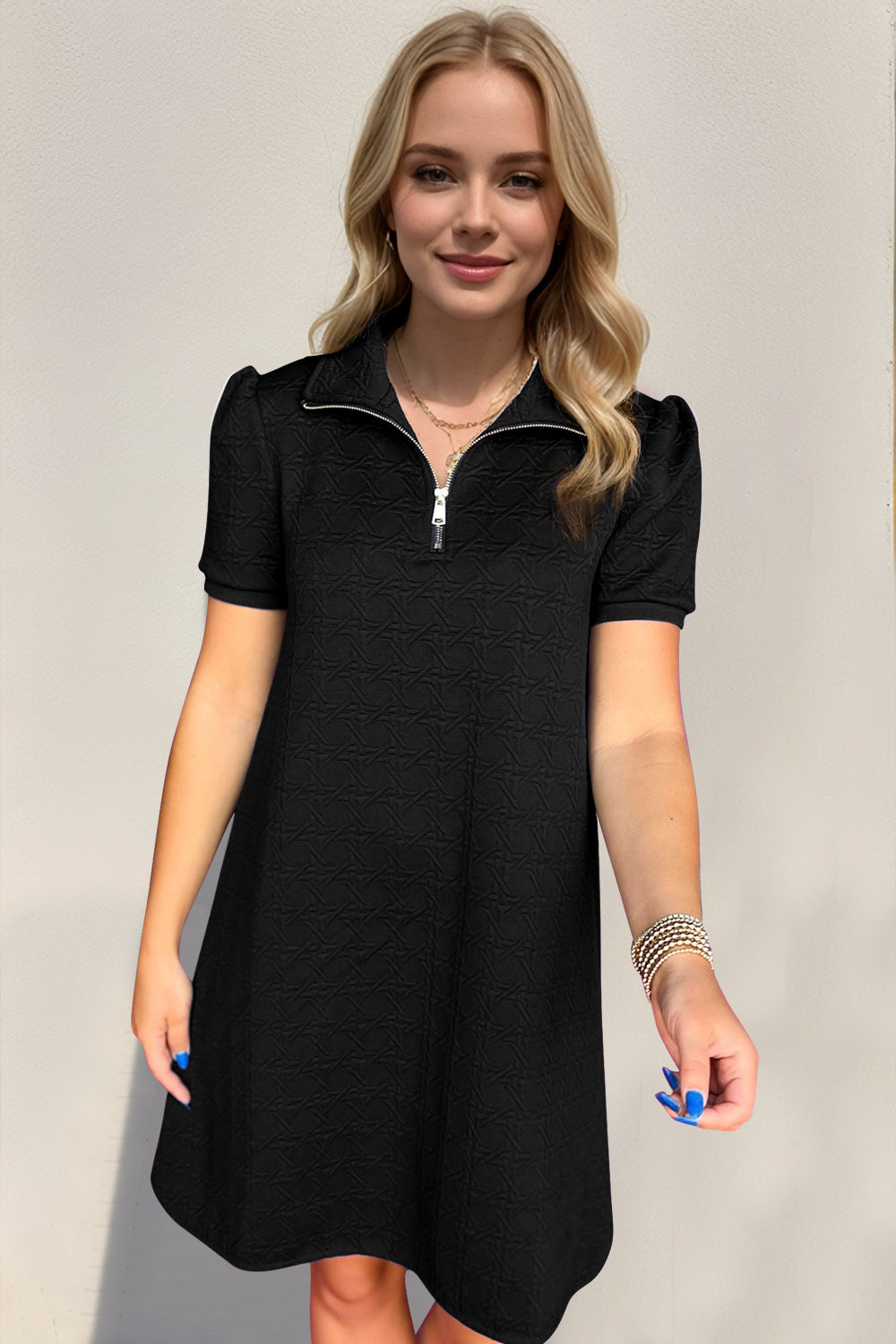 Oh Textured Quarter Zip Short Sleeve Dress