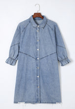 Load image into Gallery viewer, Distressed Collared Neck Flounce Sleeve Denim Dress
