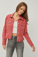 Load image into Gallery viewer, RISEN Raw Hem Button Up Cropped Denim Jacket
