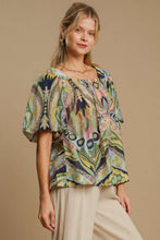 Load image into Gallery viewer, Umgee Full Size Abstract Print Smocked Square Neck Puff Sleeve Blouse
