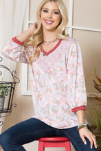 Load image into Gallery viewer, Celeste Full Size Leaf Print Contrast Trim Balloon Sleeve Top
