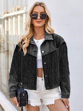 Load image into Gallery viewer, Tassel Button Up Dropped Shoulder Denim Jacket
