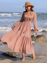 Load image into Gallery viewer, Embroidered Polka Dot Tie Neck Long Sleeve Midi Dress
