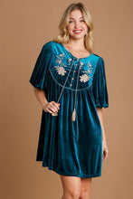 Load image into Gallery viewer, Umgee Embroidered Half Sleeve Velvet Mini Dress with Tassel
