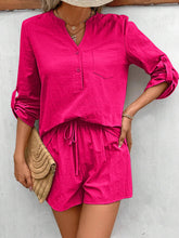 Load image into Gallery viewer, Notched Long Sleeve Top and Shorts Set
