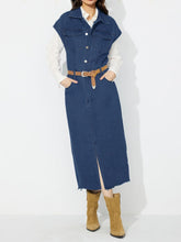 Load image into Gallery viewer, Slit Half Button Collared Neck Cap Sleeve Denim Dress
