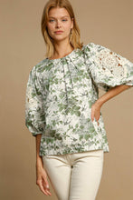Load image into Gallery viewer, Umgee Floral Pleated Detail Lace Trim Sleeve Blouse

