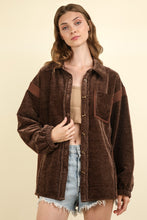 Load image into Gallery viewer, VERY J Mixed Media Button Down Raw Hem Shacket
