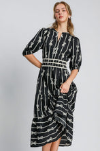 Load image into Gallery viewer, Umgee Bow Tie Print Notched Contrast Velvet Trim Midi Dress
