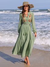 Load image into Gallery viewer, Embroidered Polka Dot Tie Neck Long Sleeve Midi Dress
