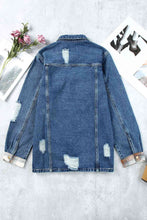 Load image into Gallery viewer, Plaid Distressed Raw Hem Snap Down Denim Jacket
