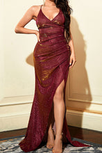Load image into Gallery viewer, Metallic Halter Neck Lace-Up Split Dress
