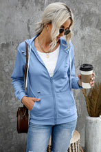 Load image into Gallery viewer, Distressed Zip Up Drawstring Detail Hoodie
