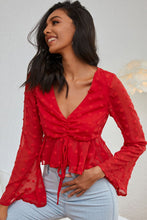 Load image into Gallery viewer, Swiss Dot Drawstring Detail Flare Sleeve Peplum Top
