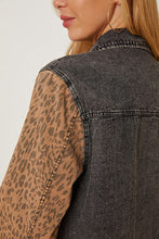 Load image into Gallery viewer, Leopard Raw Hem Pocketed Denim Jacket
