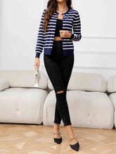 Load image into Gallery viewer, Striped Round Neck Long Sleeve Buttoned Knit Top
