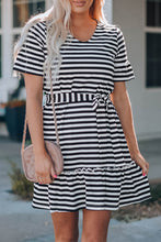 Load image into Gallery viewer, Striped Tie-Waist Frill Trim V-Neck Dress
