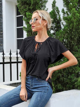 Load image into Gallery viewer, Eyelet Tie Neck Flutter Sleeve Blouse
