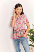 Load image into Gallery viewer, Double Take Bohemian Decorative Button Tie-Neck Peplum Blouse
