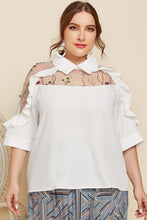 Load image into Gallery viewer, Plus Size Embroidered Ruffle Trim Collared Half Sleeve Blouse
