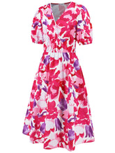 Load image into Gallery viewer, Ruched Printed Surplice Short Sleeve Dress
