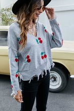Load image into Gallery viewer, Cherry Pattern Frayed Trim V-Neck Sweater
