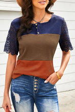 Load image into Gallery viewer, Color Block Spliced Lace Buttoned Tee
