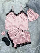 Load image into Gallery viewer, Lace Trim Cami, Shorts, Eye Mask, Scrunchie, and Bag Pajama Set
