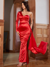 Load image into Gallery viewer, One-Shoulder Satin Fishtail Dress with Cascading Detail
