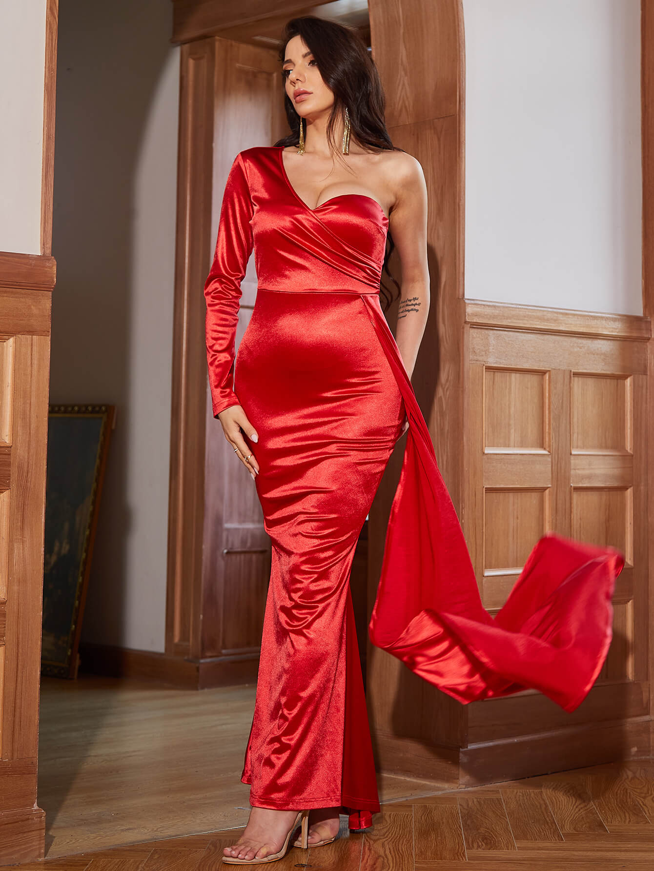 One-Shoulder Satin Fishtail Dress with Cascading Detail
