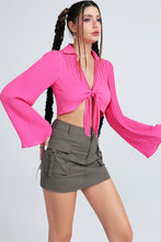 Load image into Gallery viewer, Tie Front Johnny Collar Flare Sleeve Cropped Top
