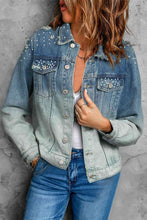 Load image into Gallery viewer, Pearl Detail Distressed Button Up Denim Jacket
