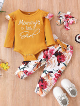 Load image into Gallery viewer, Baby Girl Graphic Ribbed Ruffle Shoulder Bodysuit and Printed Pants Set
