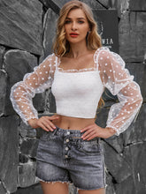Load image into Gallery viewer, Smocked Frill Trim Spliced Mesh Cropped Top
