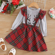 Load image into Gallery viewer, Graphic Top and Plaid Overall Skirt Set
