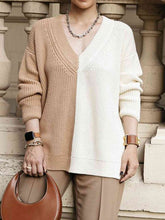 Load image into Gallery viewer, Contrast V-Neck Dropped Shoulder Sweater

