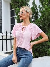 Load image into Gallery viewer, Eyelet Tie Neck Flutter Sleeve Blouse
