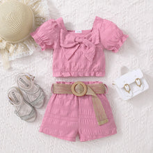 Load image into Gallery viewer, Kids Textured Bow Detail Top and Belted Shorts Set
