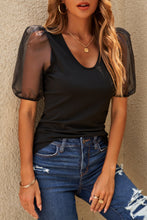 Load image into Gallery viewer, Spliced Mesh Puff Sleeve Blouse
