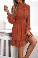 Load image into Gallery viewer, Frill Ruched Mock Neck Balloon Sleeve Dress
