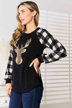 Load image into Gallery viewer, Heimish Full Size Sequin Reindeer Graphic Plaid Top
