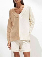 Load image into Gallery viewer, Contrast V-Neck Dropped Shoulder Sweater

