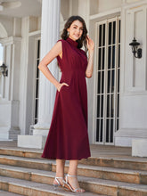 Load image into Gallery viewer, Ruched Mock Neck Cap Sleeve Midi Dress
