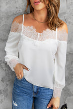 Load image into Gallery viewer, Eyelash Trim Spliced Lace Cold-Shoulder Top
