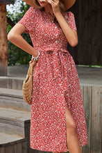 Load image into Gallery viewer, Ditsy Floral Button Front Tied Puff Sleeve Dress
