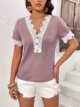 Load image into Gallery viewer, Decorative Button Spliced Lace Short Sleeve Top
